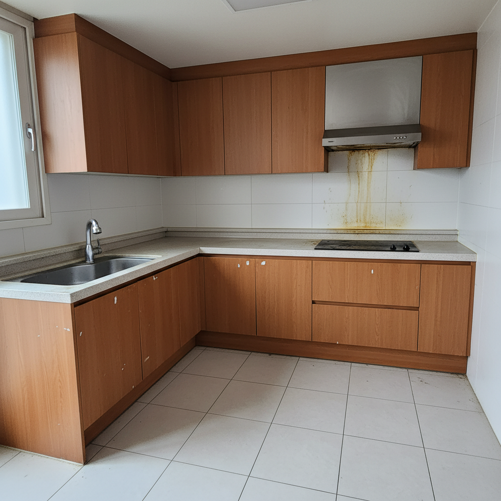 주방 청소 전, 찌든 기름때와 음식물 자국으로 얼룩진 모습