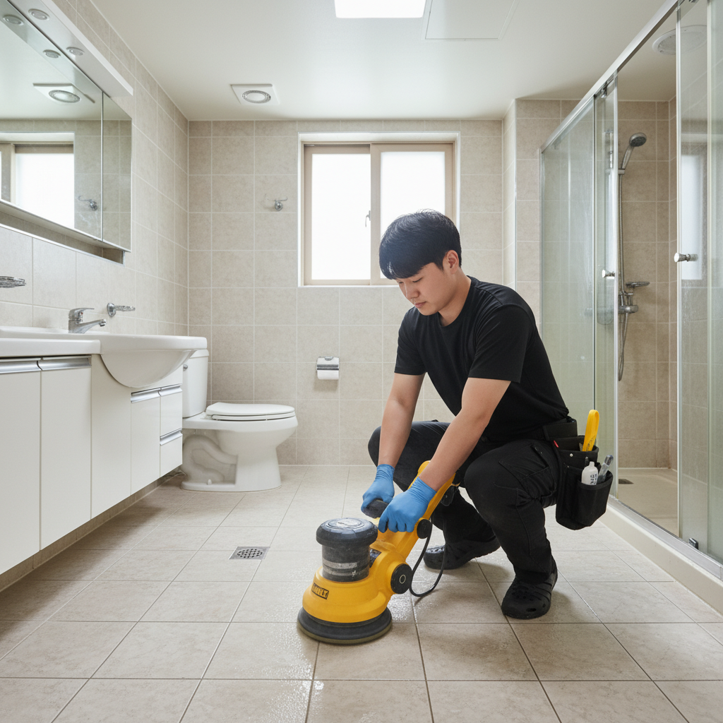 디월트 폴리셔를 사용하여 화장실 바닥 타일의 찌든 때와 곰팡이를 제거하는 모습