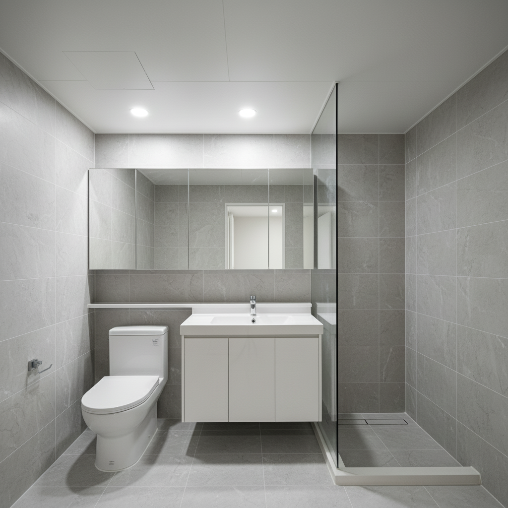 화장실 청소 완료 후 모습. 타일이 깨끗하게 빛나고 있습니다.