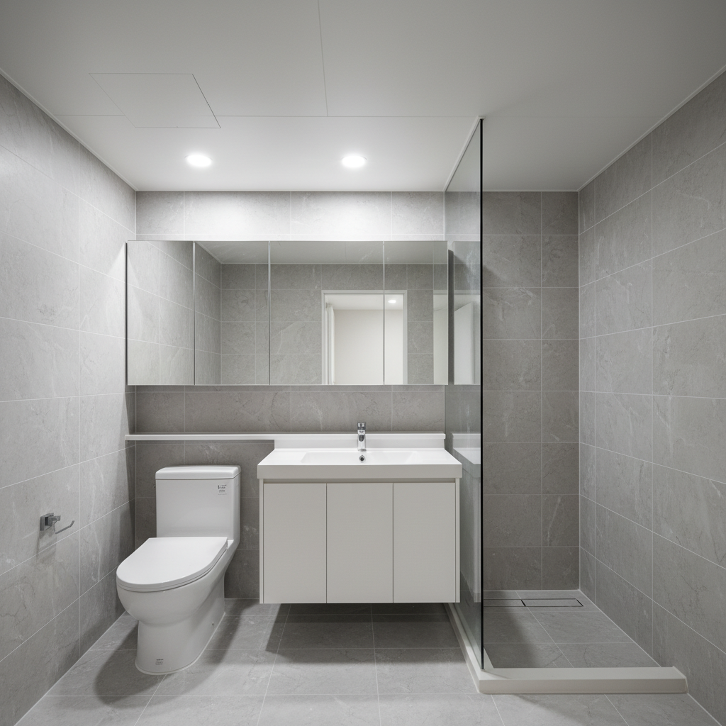 화장실 청소 전 모습. 타일 사이에 시공 먼지가 눈에 띕니다.