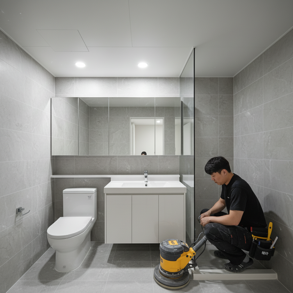 디월트 폴리셔로 화장실 바닥 타일을 꼼꼼하게 연마하는 모습.