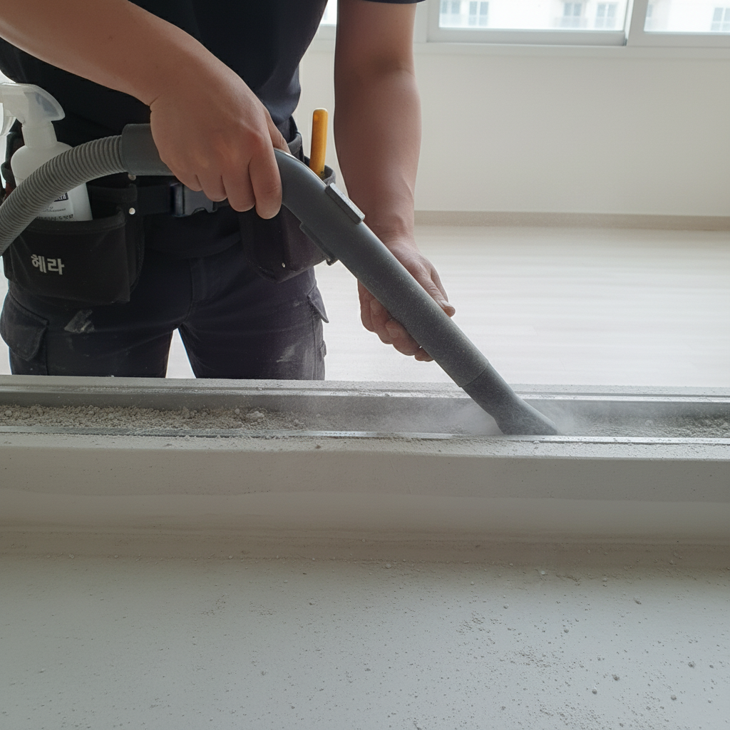 S-402 업소용 진공청소기를 사용하여 창틀 레일의 먼지를 강력하게 흡입하는 모습.