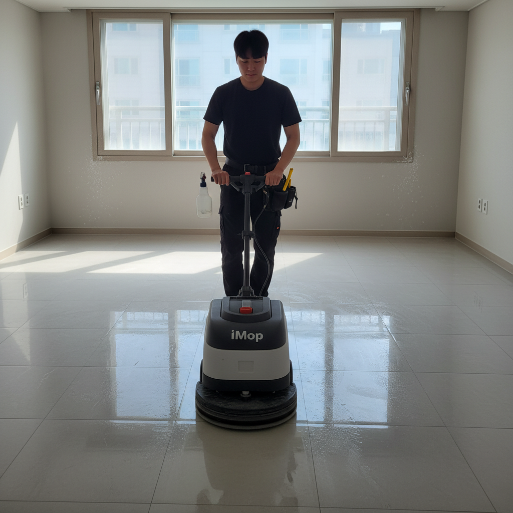 아이맙 청소기를 사용하여 거실 바닥을 꼼꼼하게 청소하는 모습. 넓은 공간도 빠르고 깨끗하게 청소할 수 있습니다.