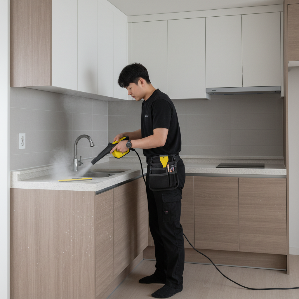 카처 스팀기를 사용하여 주방 후드의 찌든 기름때를 제거하는 모습.