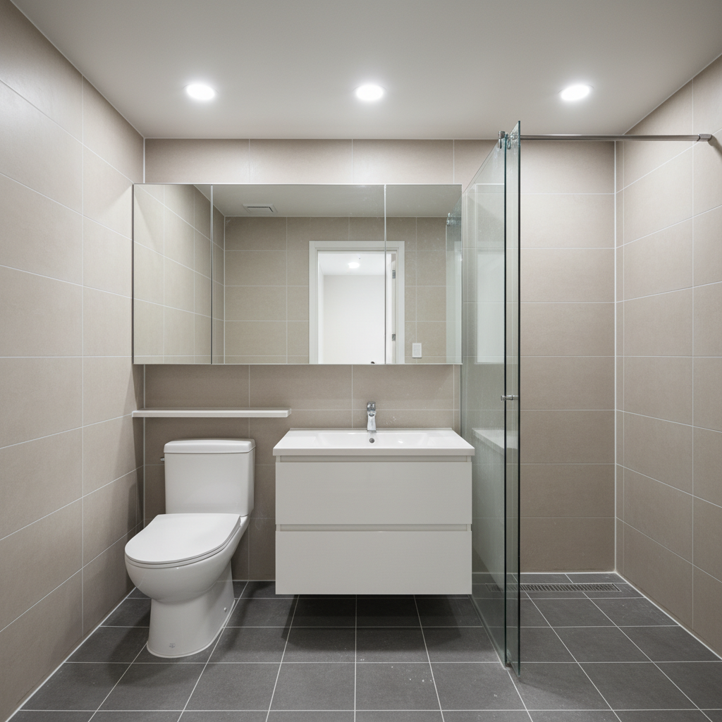 청소 전 화장실: 타일 사이에 시멘트 가루와 먼지가 눈에 띕니다.