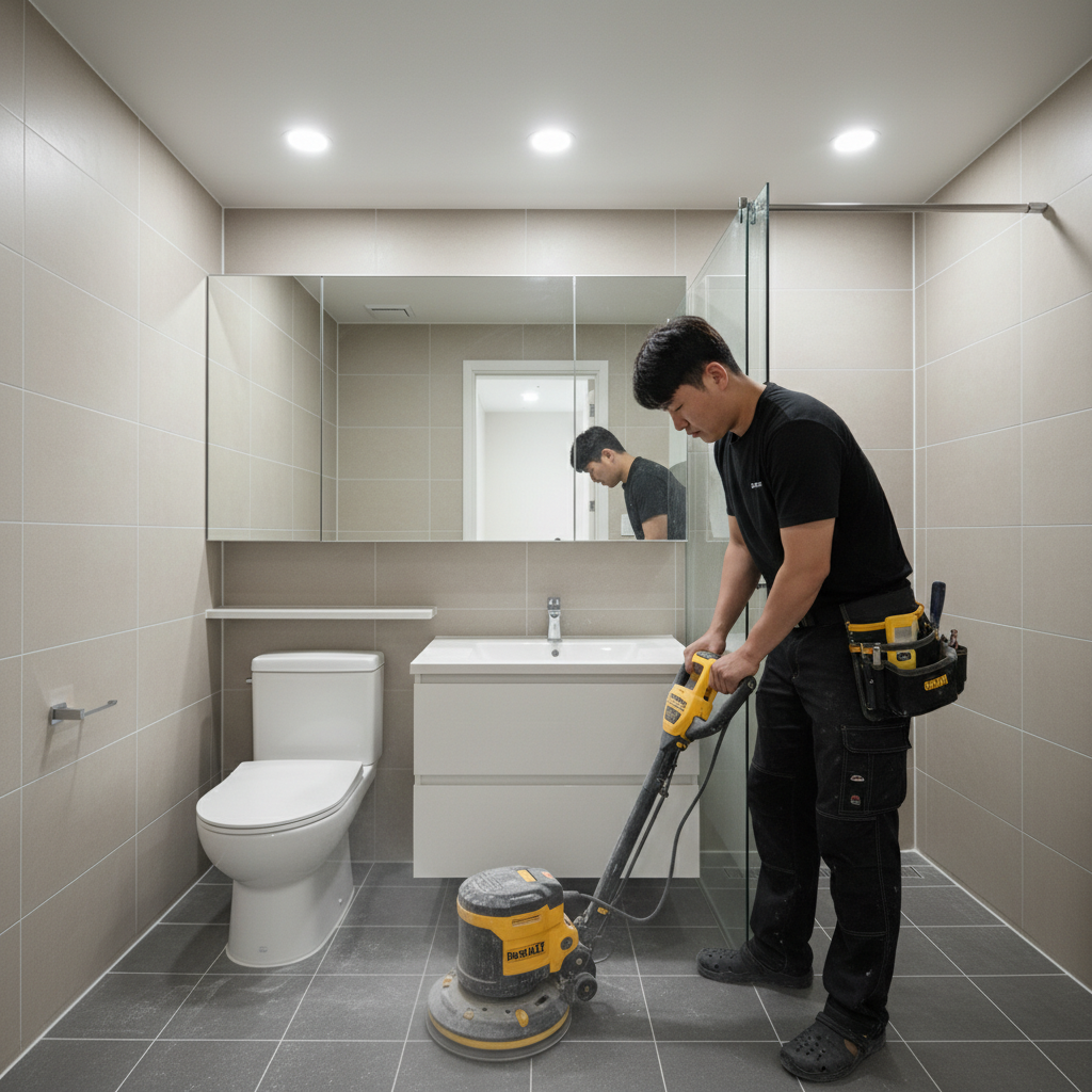 디월트 폴리셔로 화장실 바닥 타일을 연마하는 모습