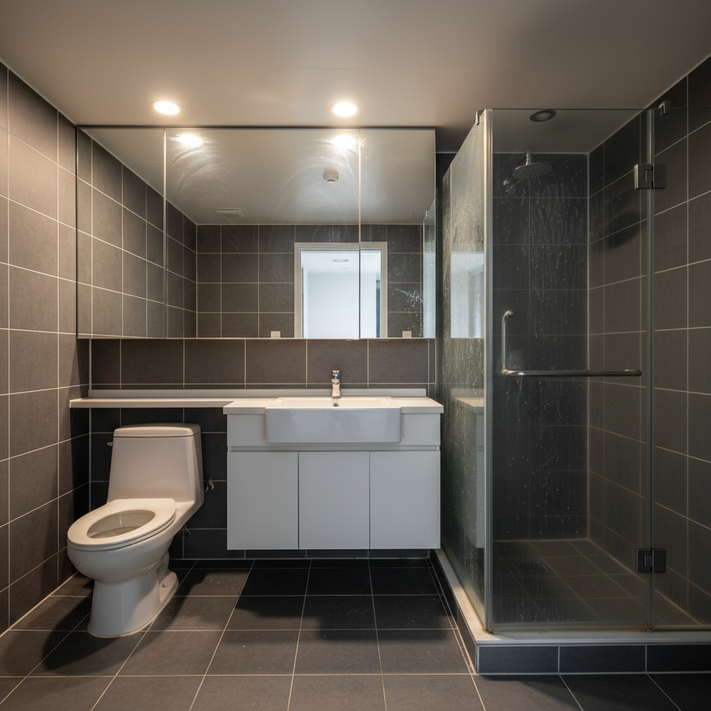 청소 전 화장실: 타일 틈새에 곰팡이와 물때가 심하게 낀 모습