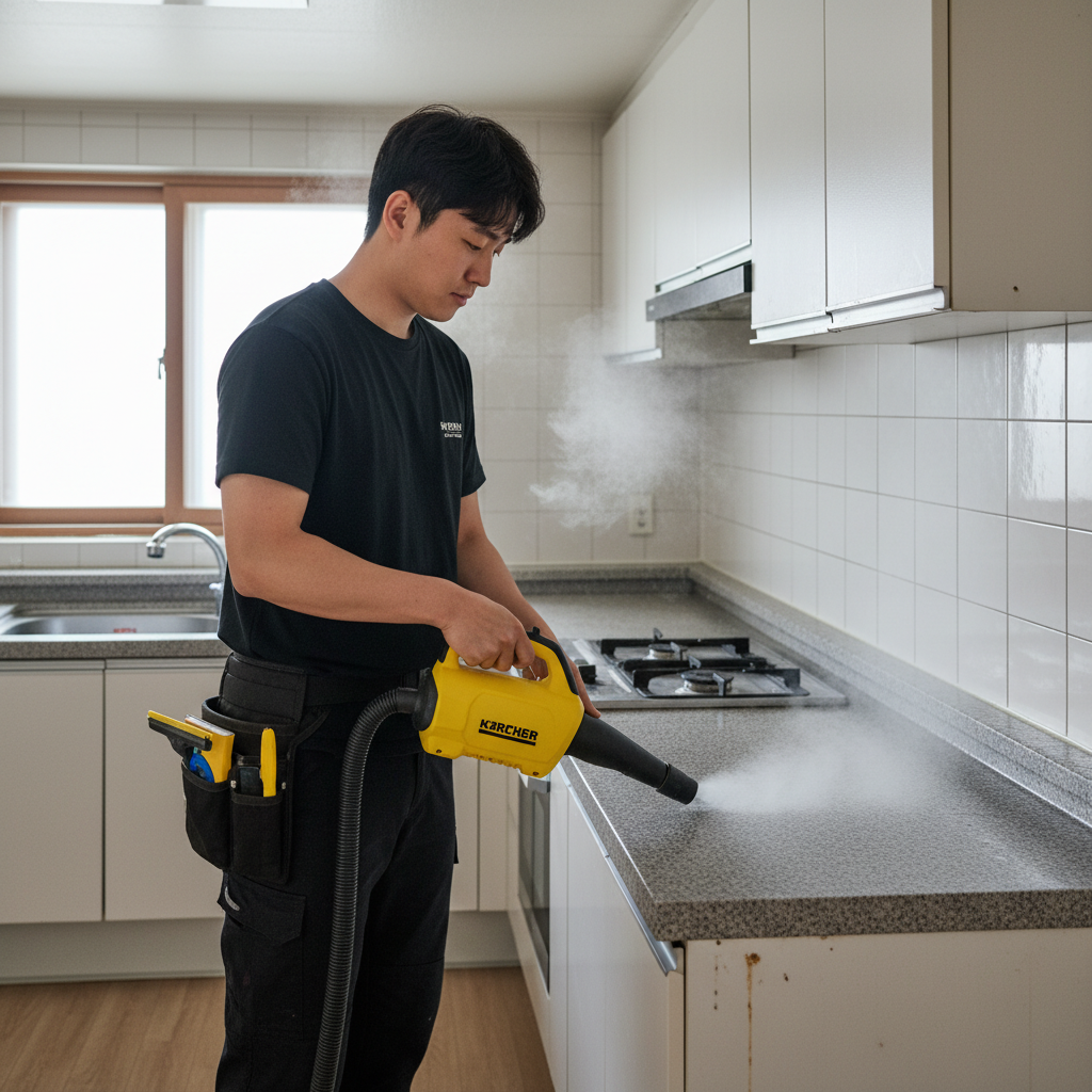 카처 스팀기를 사용하여 주방 후드에 찌든 기름때를 녹여내는 모습