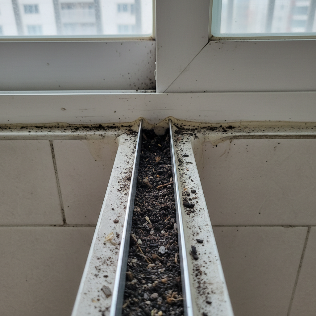 창틀 레일 청소 전 모습. 흙먼지와 각종 오염물질이 쌓여있는 상태입니다.