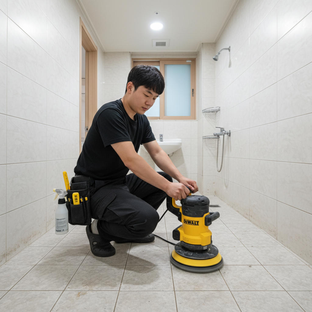 디월트 폴리셔를 사용하여 화장실 바닥 타일을 연마하는 모습. 찌든 때와 곰팡이가 효과적으로 제거되고 있습니다.