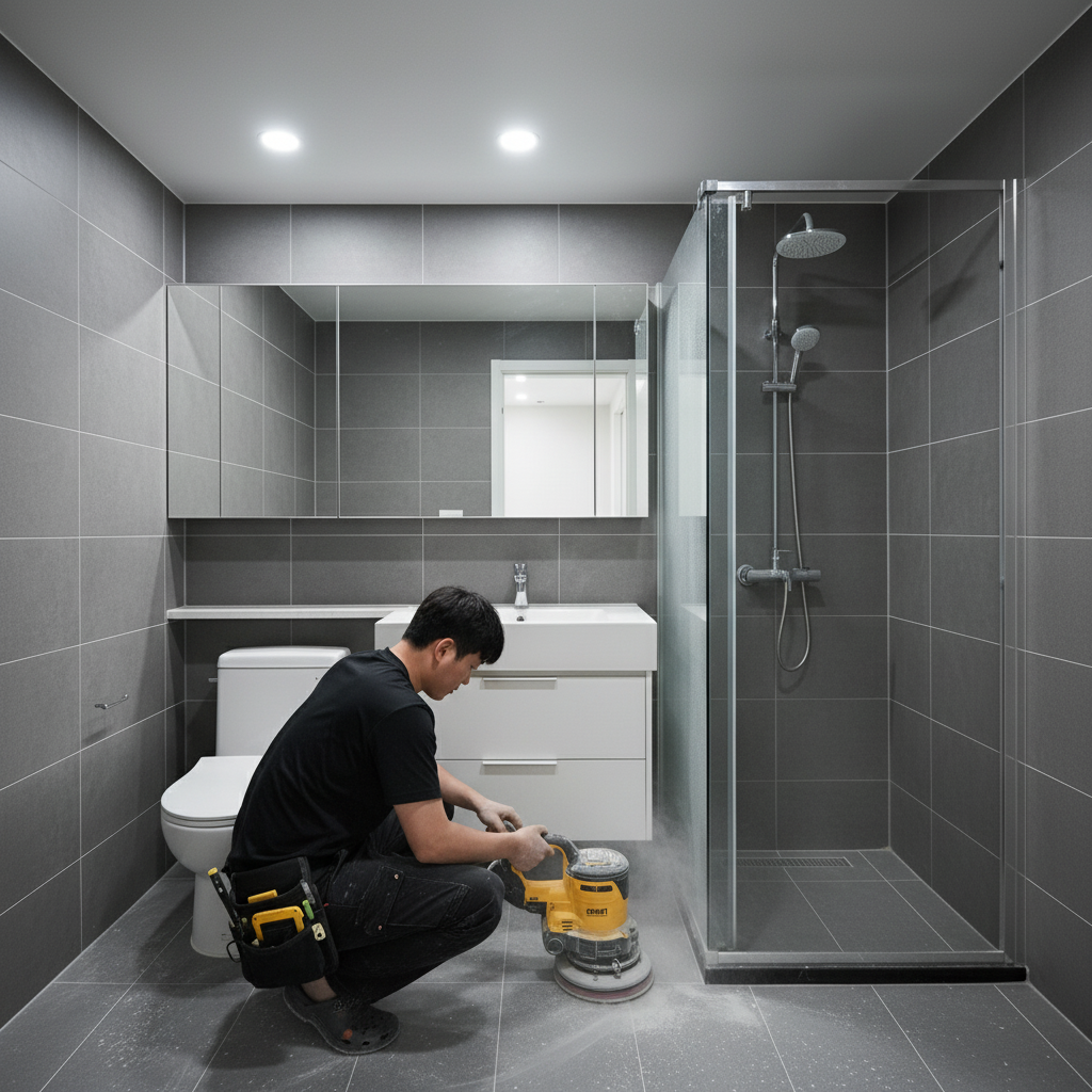 디월트 폴리셔를 사용하여 화장실 바닥 타일의 찌든 때를 제거하는 모습