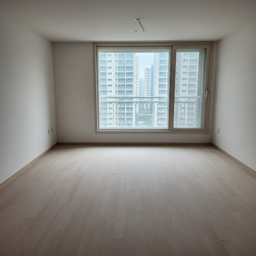 거실 바닥 청소 전 모습. 먼지와 미세한 건축 자재 가루들이 눈에 띕니다.