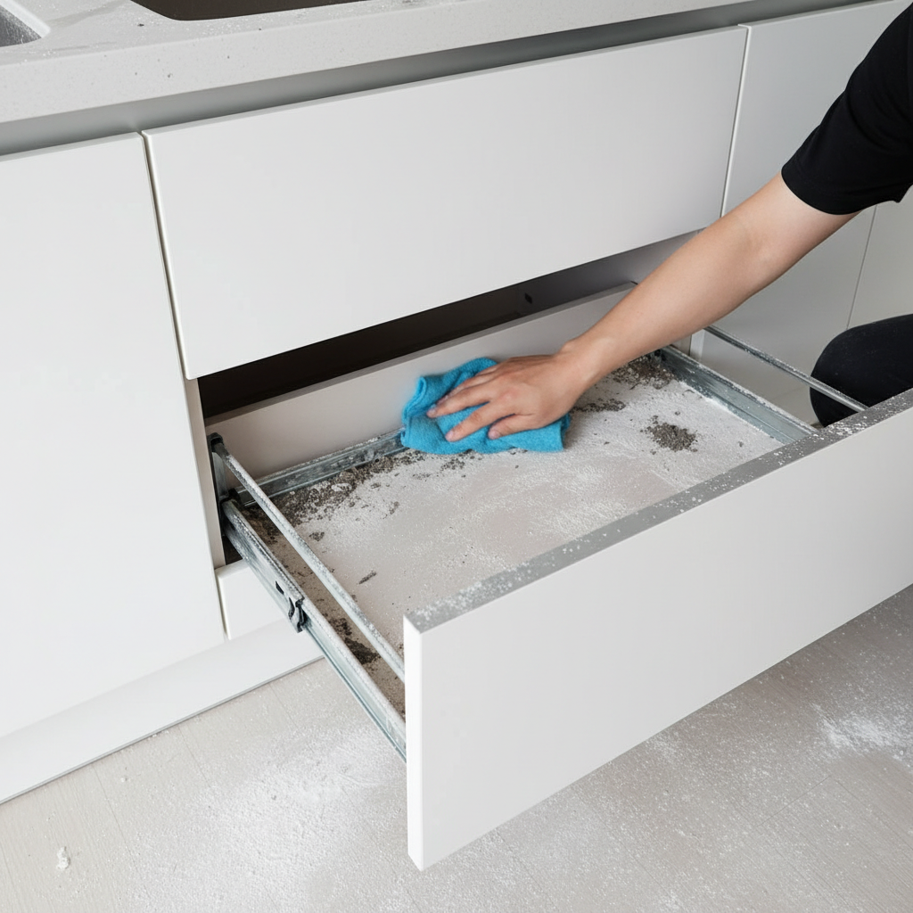 하부장 서랍을 탈거하여 레일 부분의 먼지를 꼼꼼하게 청소하는 모습. 묵은 먼지까지 말끔하게 제거합니다.