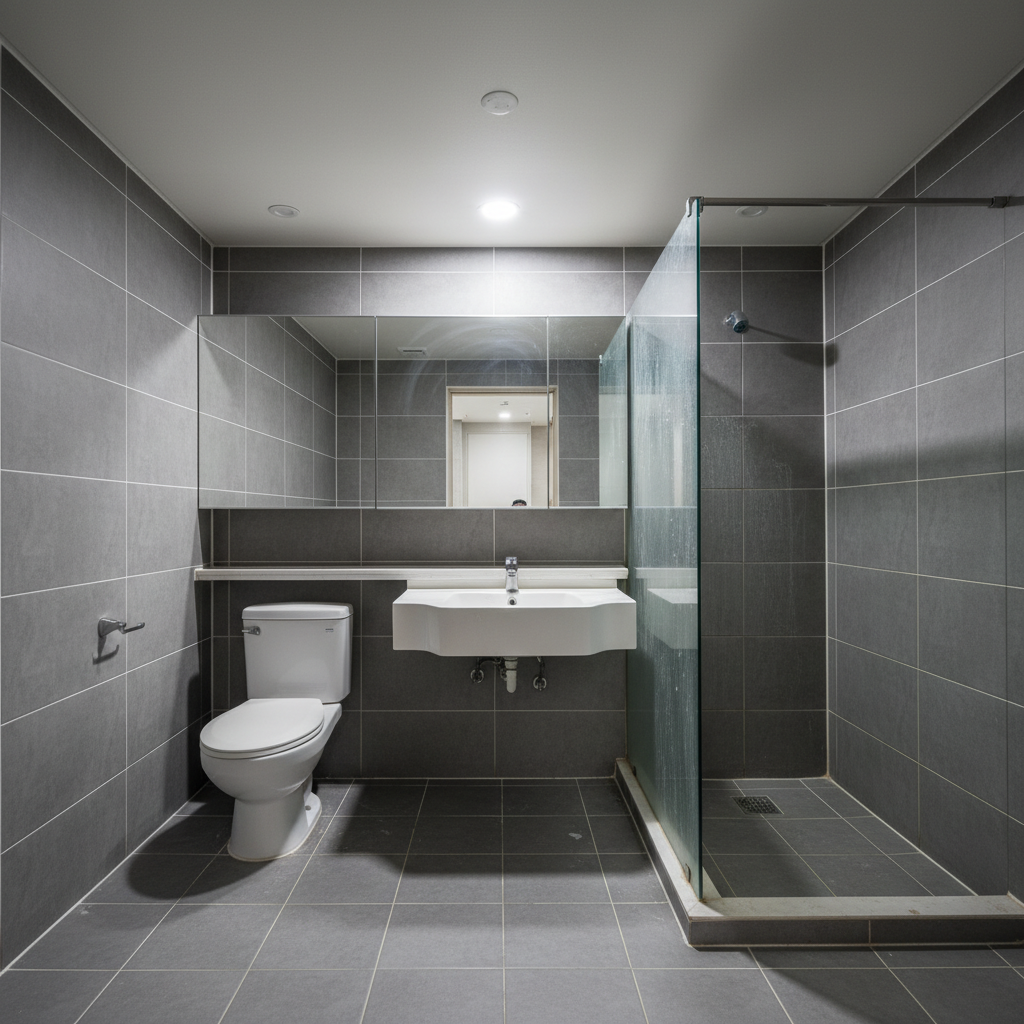 리모델링 후 화장실 청소 전 모습. 타일 표면에 시멘트 가루와 먼지가 남아있고, 줄눈에는 곰팡이가 낀 것을 확인할 수 있습니다.