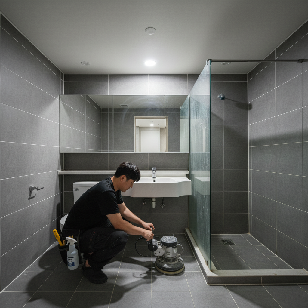 디월트 폴리셔를 사용하여 화장실 바닥 타일을 연마하는 모습. 강력한 회전력으로 타일 표면의 묵은 때를 효과적으로 제거합니다.