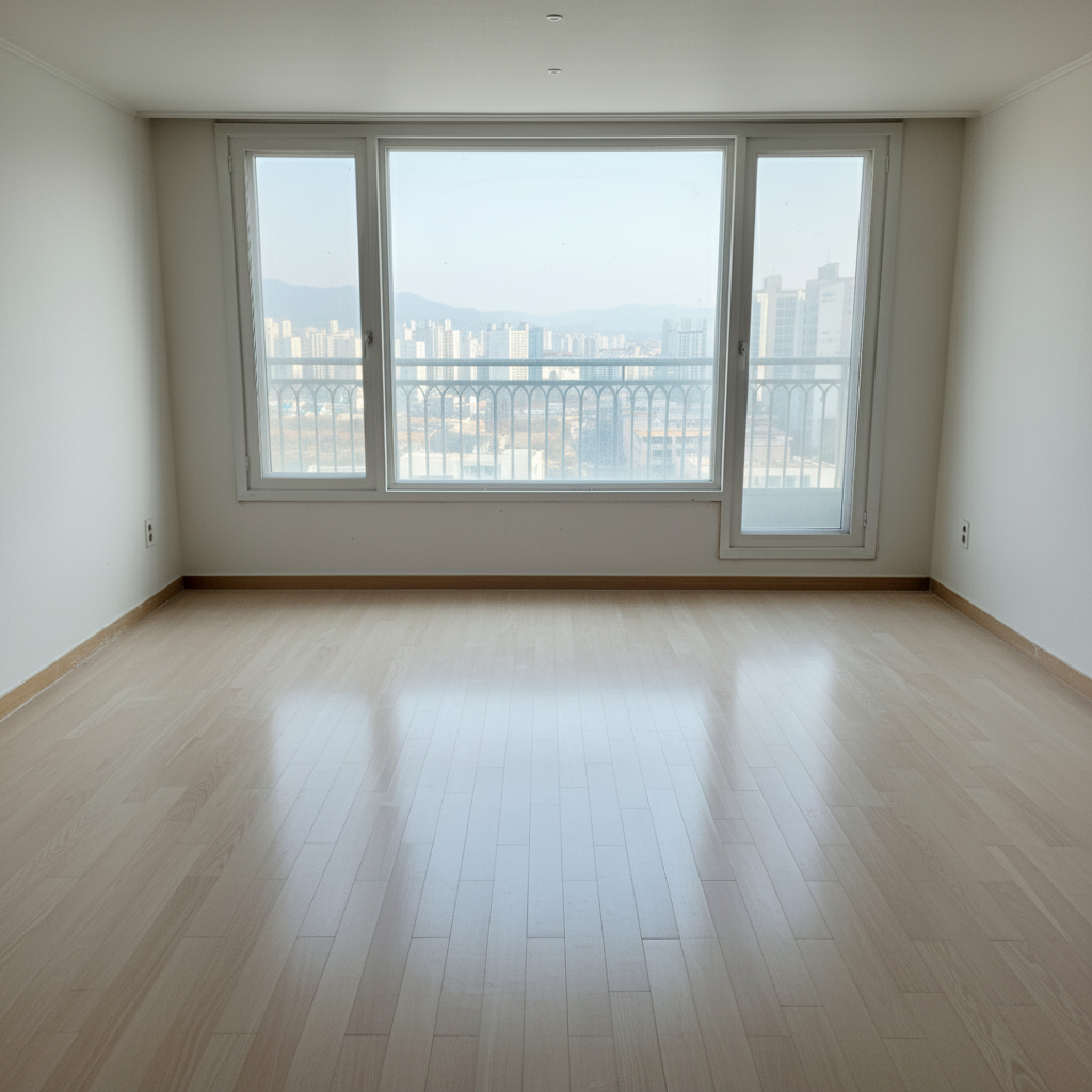 거실 바닥 청소 후 모습. 먼지 하나 없이 깨끗해진 바닥이 눈에 띕니다.