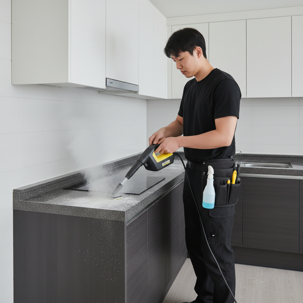 카처 스팀기로 주방 후드 기름때를 제거하는 모습. 고온 스팀으로 찌든 때를 말끔하게 녹여냅니다.