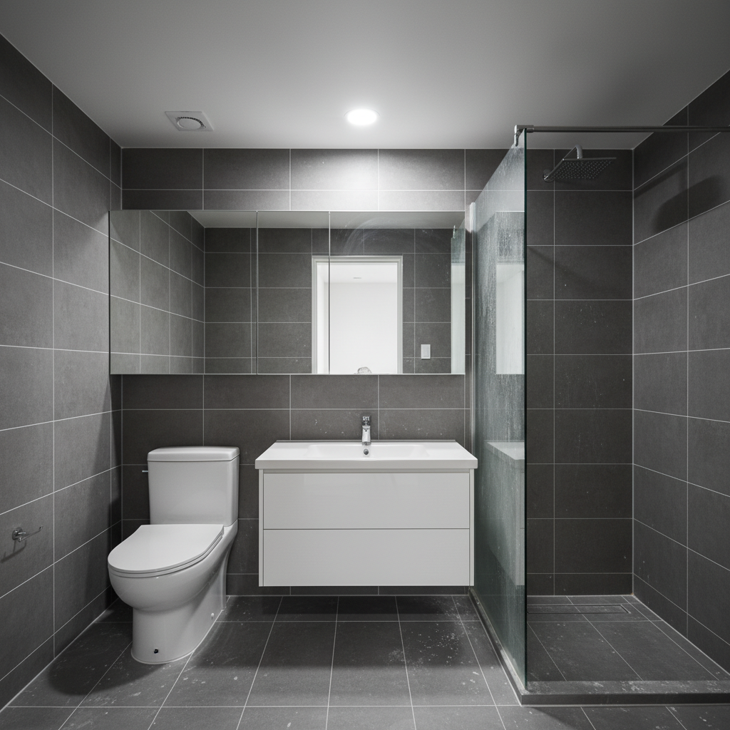 청소 전 화장실, 타일 사이에 백시멘트 잔여물이 보이는 모습