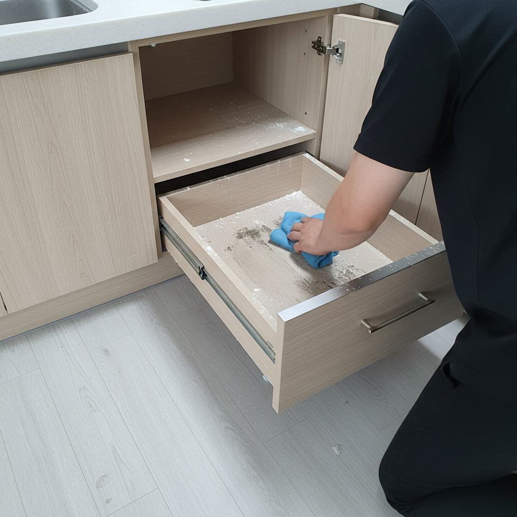 하부장 서랍을 탈거하여 레일까지 꼼꼼하게 청소하는 모습