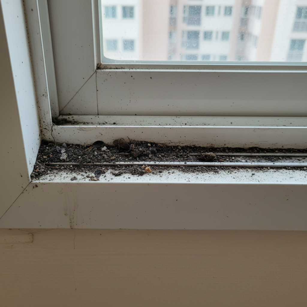 청소 전 창틀 레일의 모습. 흙먼지와 찌든 때가 가득하다.