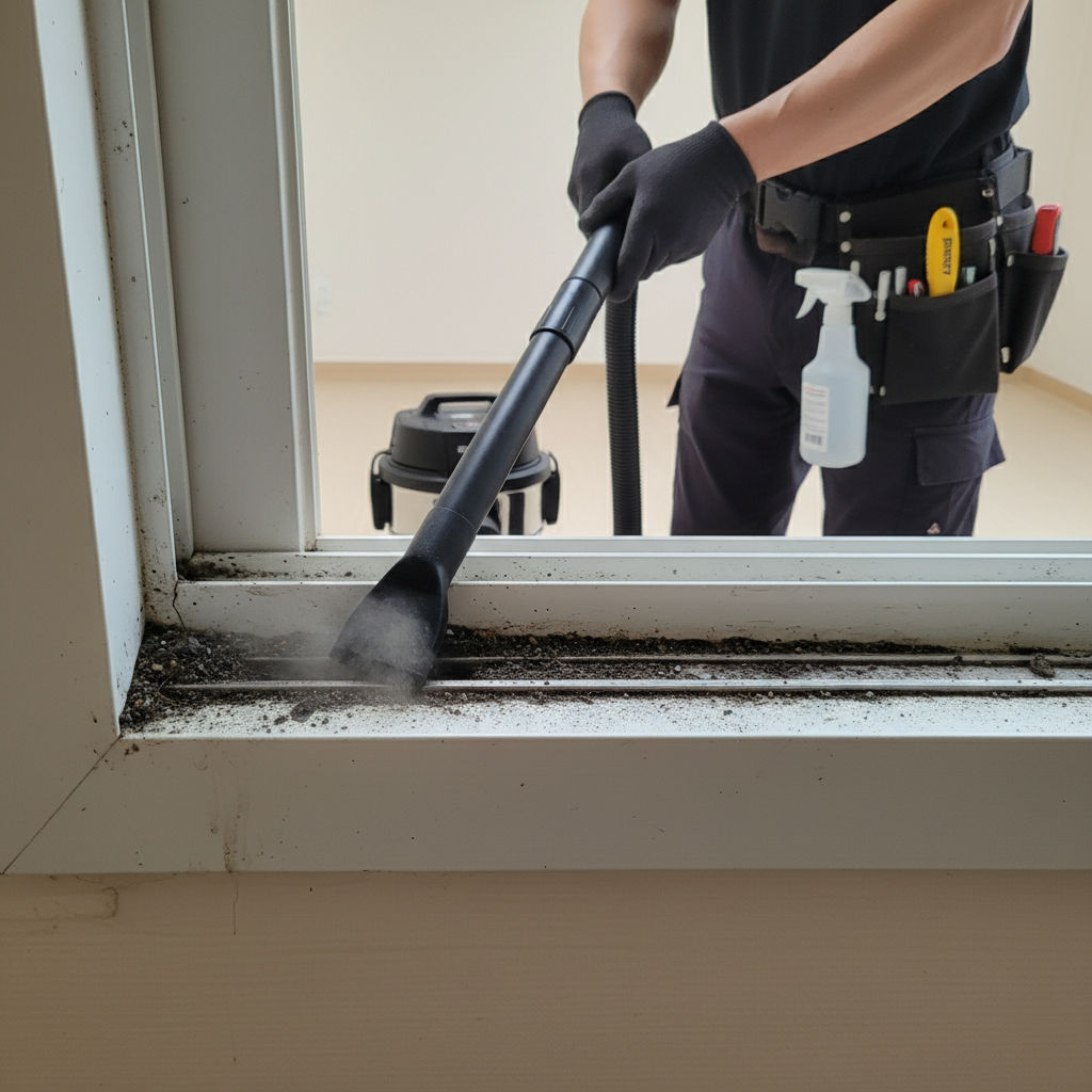 S-402 업소용 진공청소기로 창틀 레일의 먼지를 흡입하는 모습