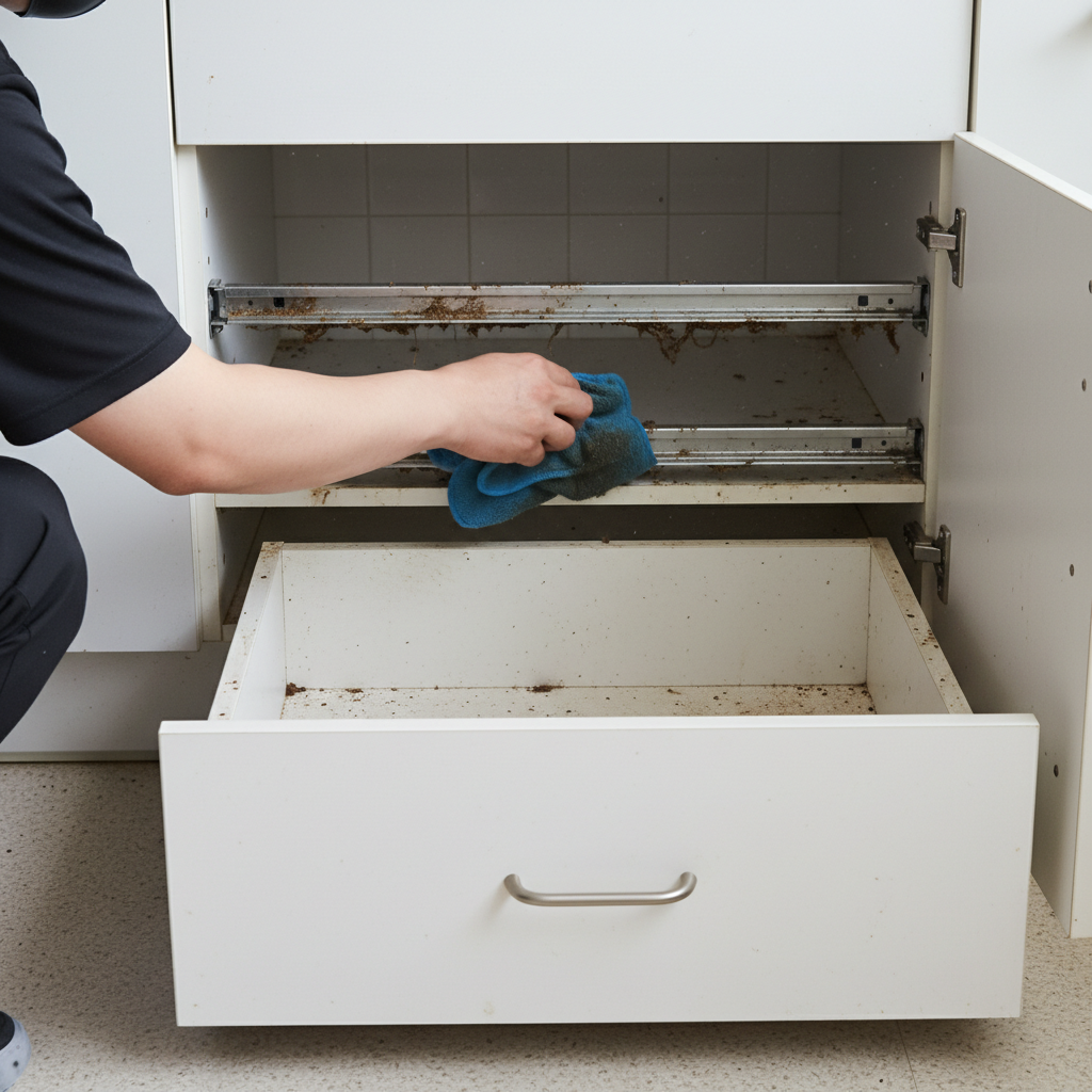 하부장 서랍을 탈거하여 레일까지 꼼꼼하게 청소하는 모습