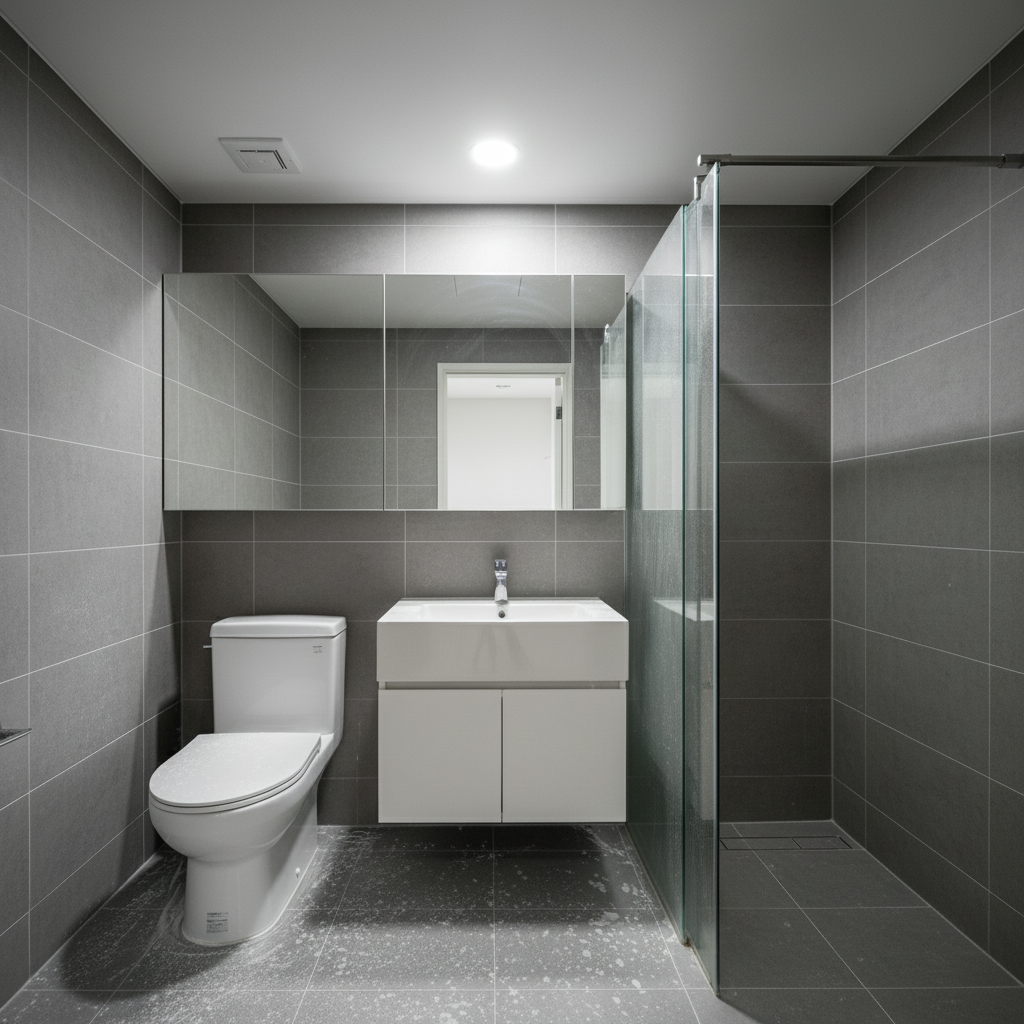 청소 후 깨끗해진 화장실의 모습. 타일 사이의 시멘트 가루는 물론, 물때와 곰팡이 흔적 없이 깨끗해졌습니다.