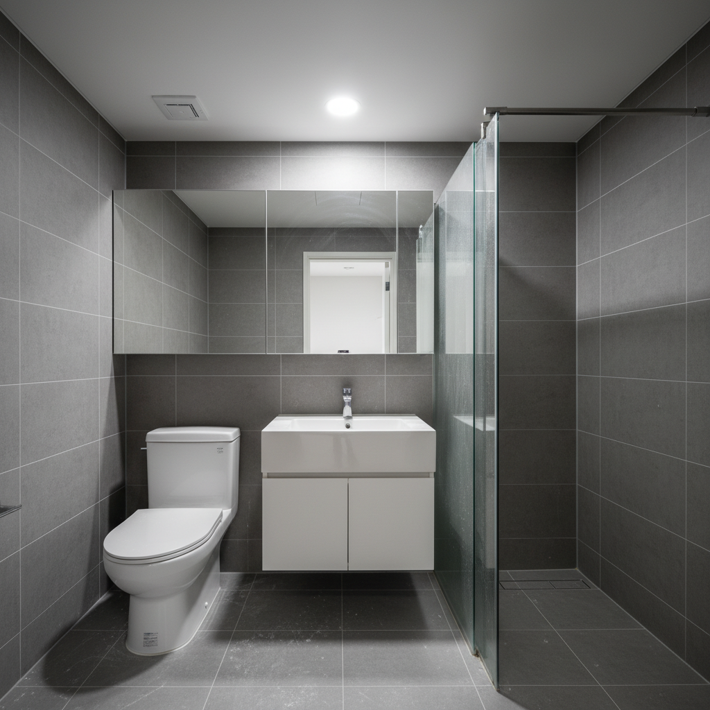 청소 전 화장실의 모습. 타일 사이에 시멘트 가루와 얼룩이 눈에 띕니다.