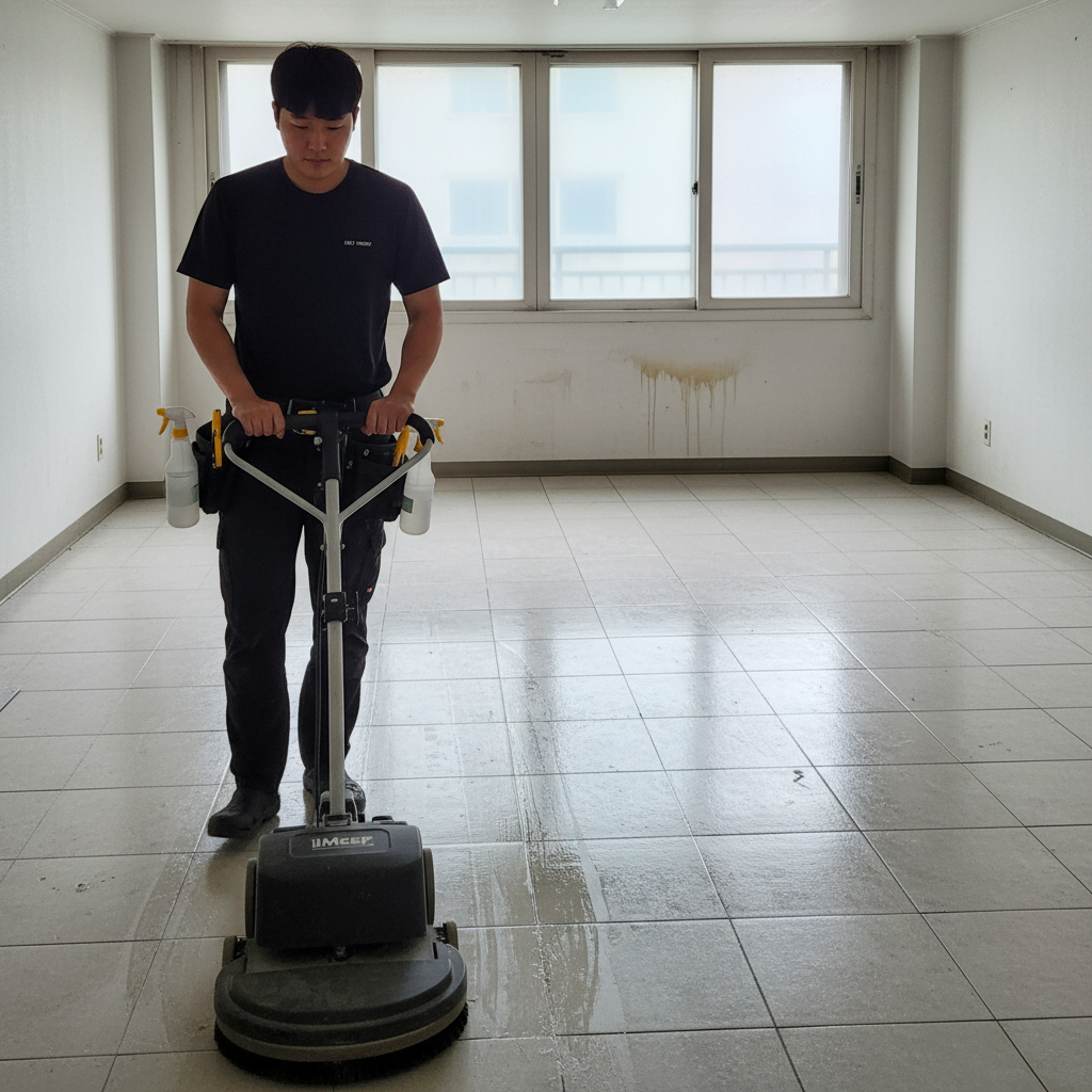 아이맙 청소기로 거실 바닥을 청소하는 모습. 꼼꼼하게 물걸레 청소를 진행합니다.