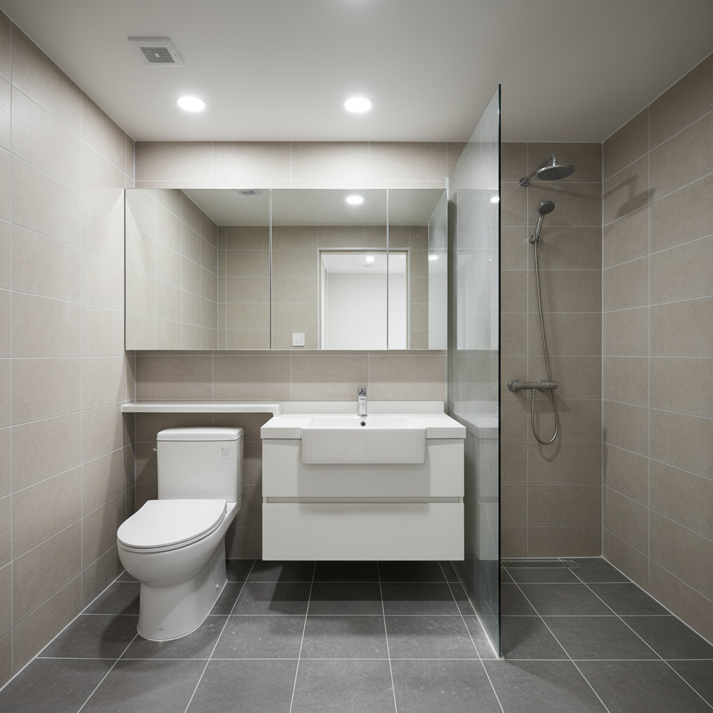 청소 전 화장실 바닥 타일의 찌든 때와 물때 모습. 오염이 심각합니다.