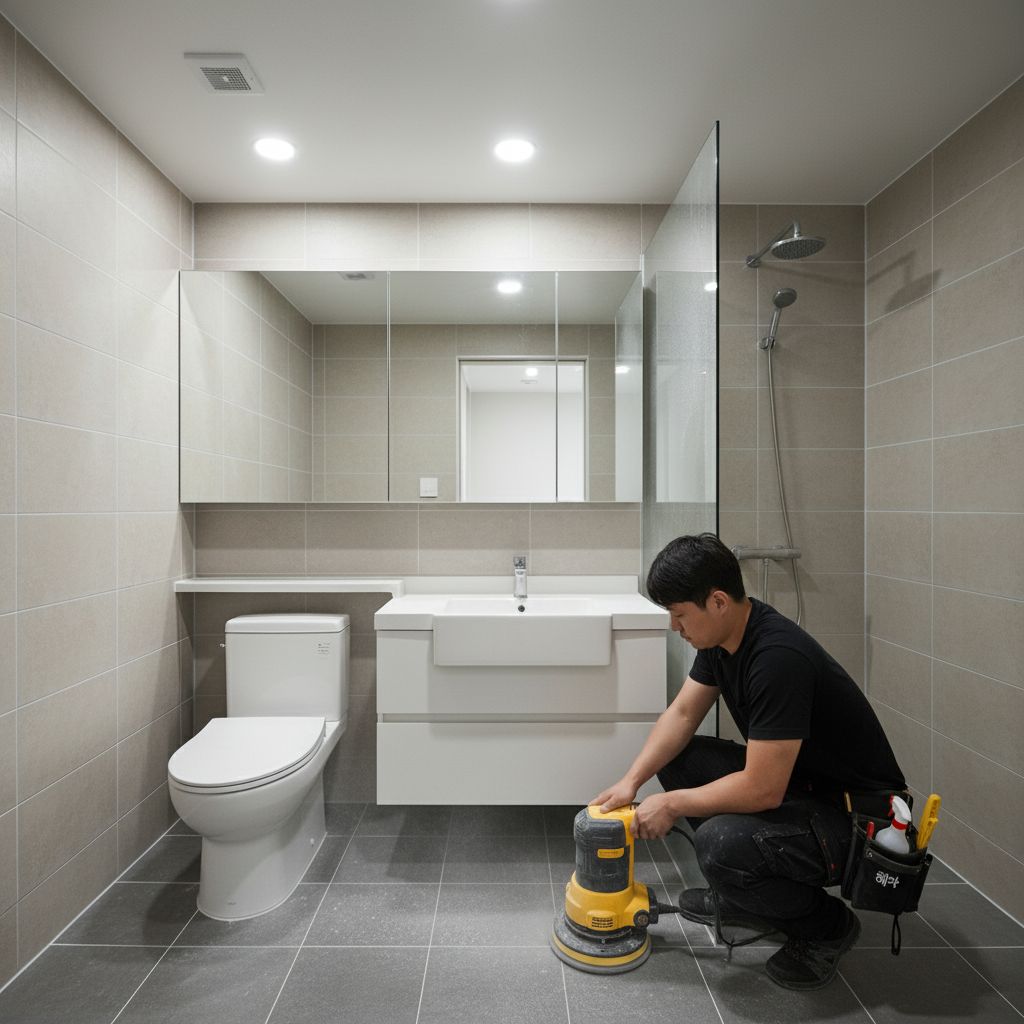 디월트 폴리셔를 사용하여 화장실 바닥 타일의 찌든 때를 벗겨내는 모습. 꼼꼼한 작업이 필요합니다.