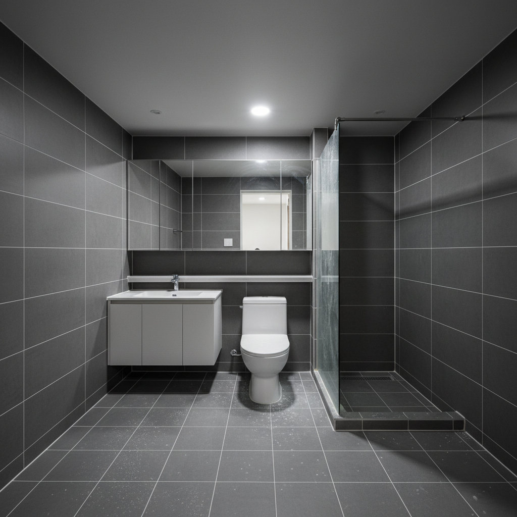 청소 전 화장실 모습: 타일 틈새에 곰팡이가 피어 있고, 물때와 찌든 때가 심하게 묻어 있다.