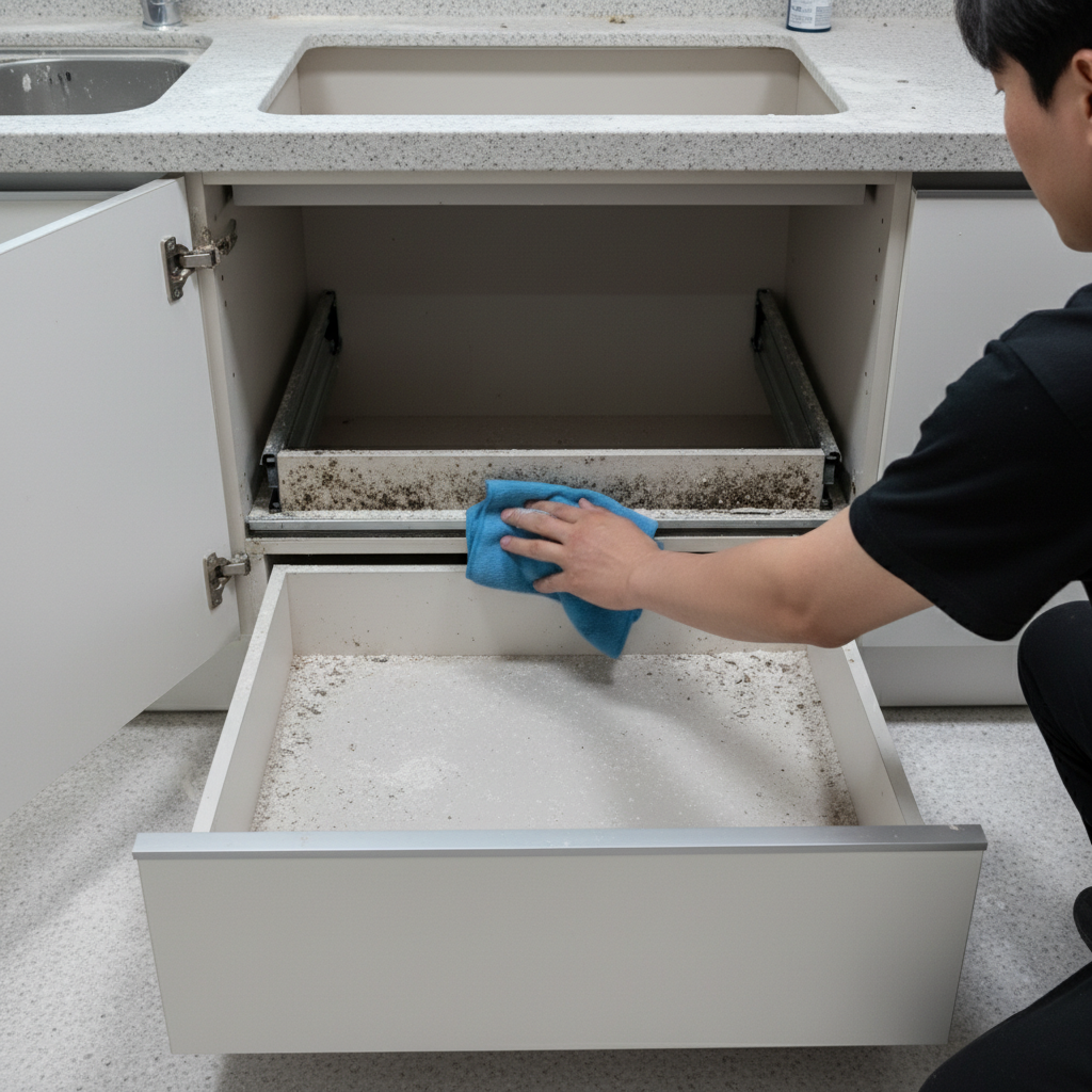 하부장 서랍을 탈거하여 레일과 내부까지 꼼꼼하게 청소하는 모습