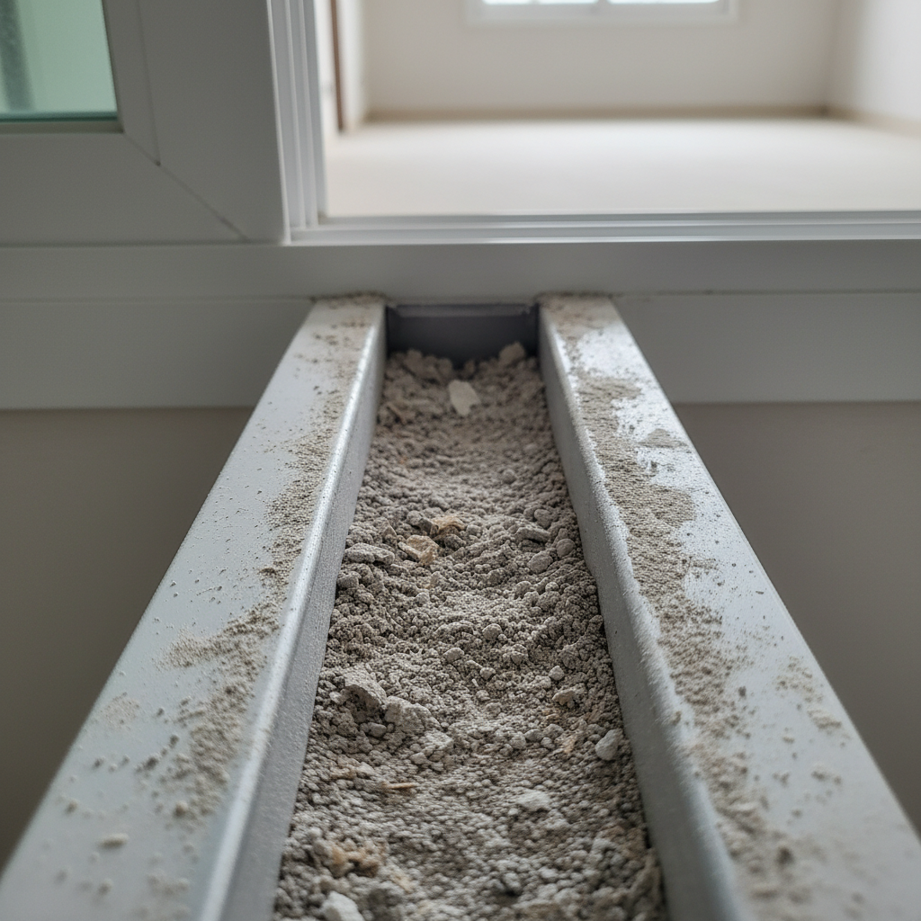 청소 전, 각종 먼지와 이물질로 오염된 창틀 레일의 모습