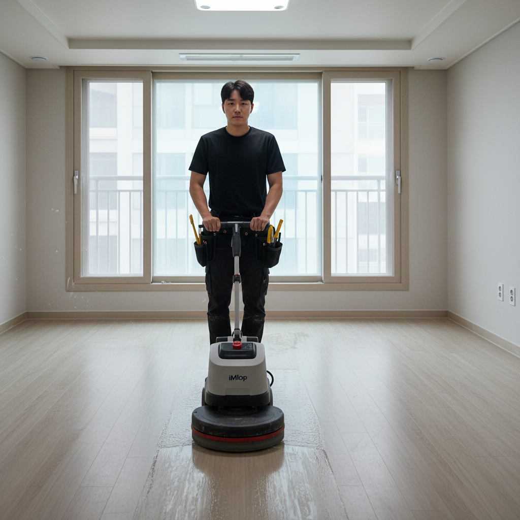 아이맙 청소기로 거실 바닥을 꼼꼼하게 청소하는 모습
