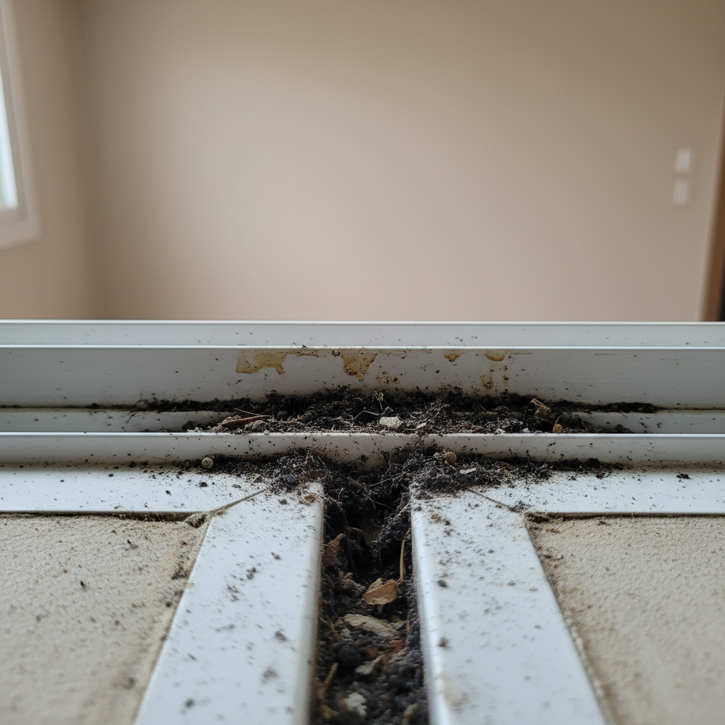 청소 전 창틀 레일의 모습. 묵은 먼지와 오염이 심각합니다.