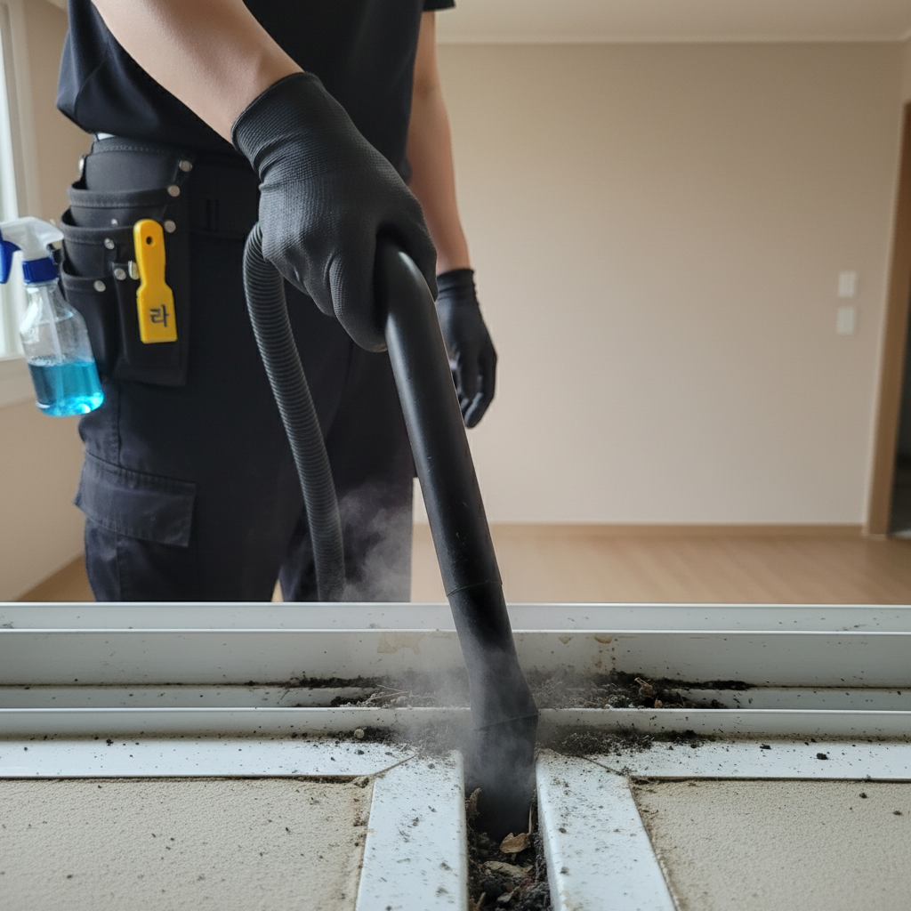 S-402 업소용 진공청소기로 창틀 레일의 먼지를 강력하게 흡입하는 모습.