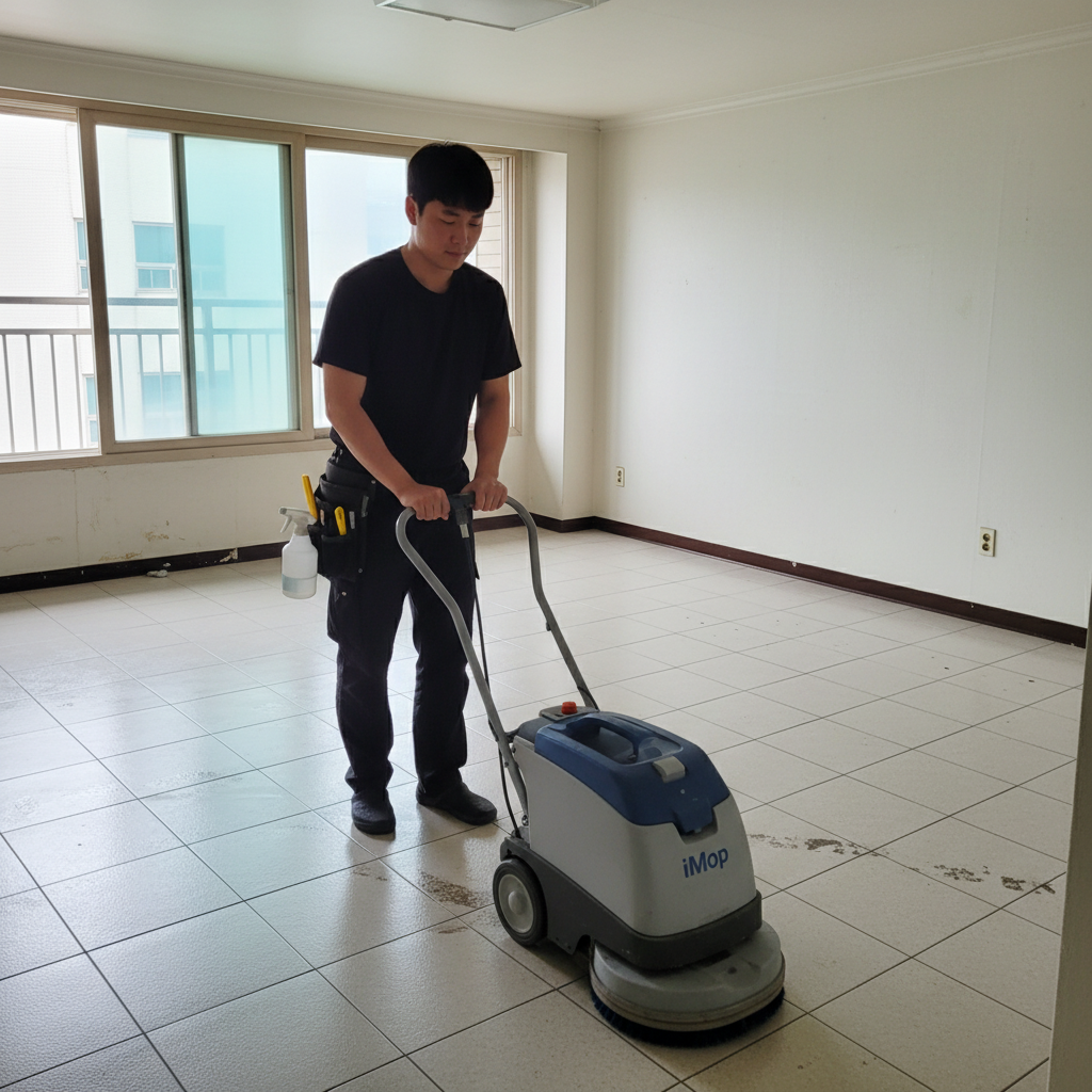 아이맙 청소기로 거실 바닥을 꼼꼼하게 청소하는 모습.