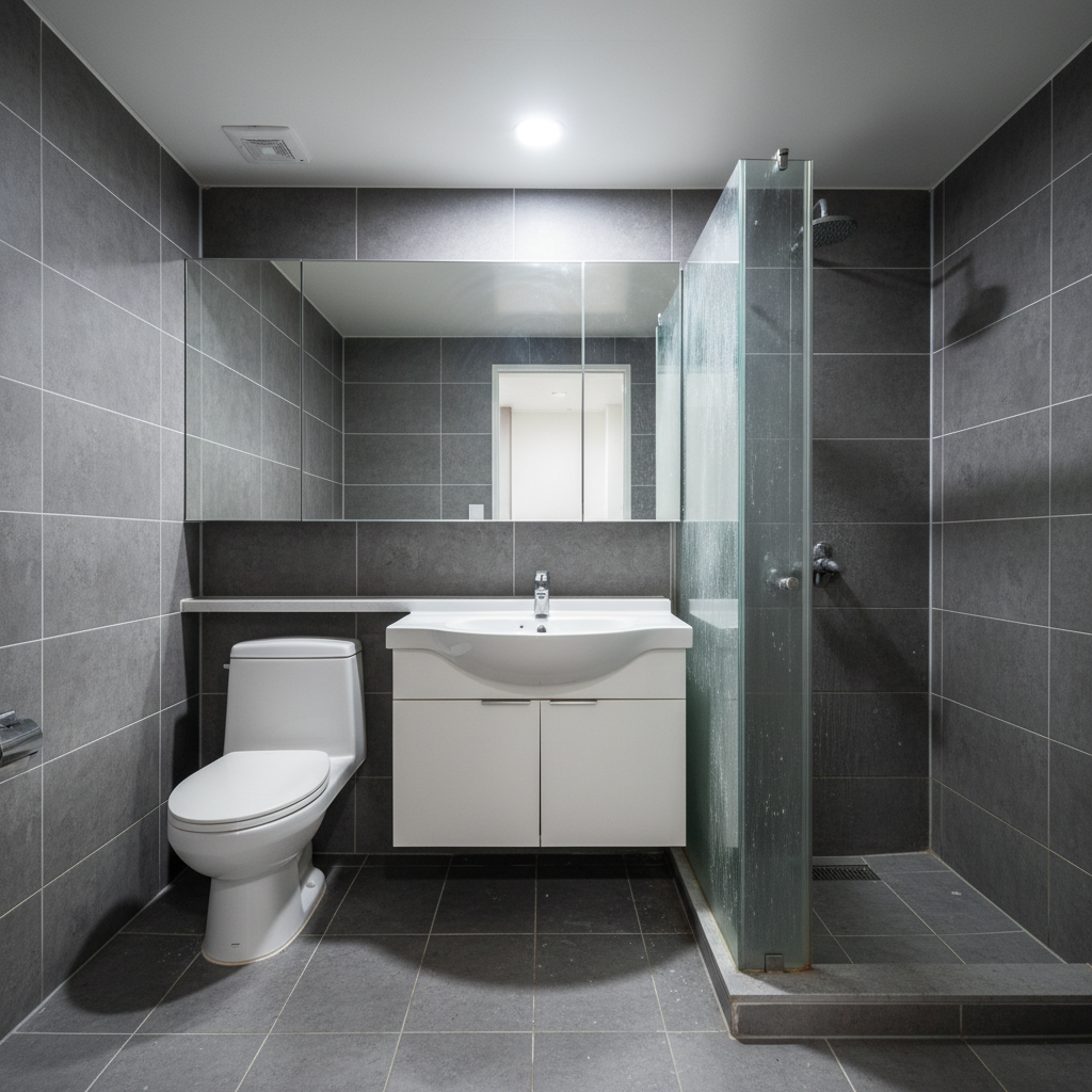 청소 전 화장실의 곰팡이와 물때로 오염된 모습