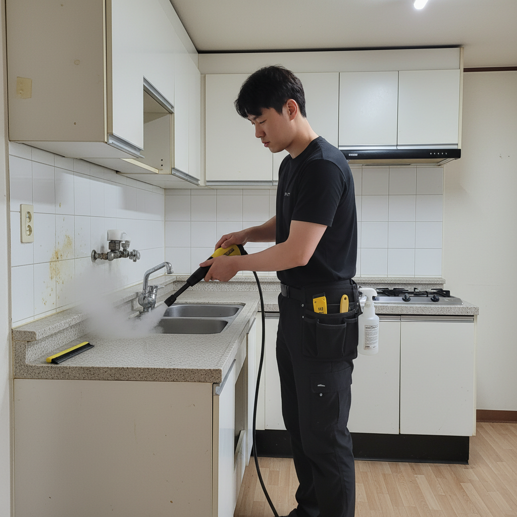 카처 스팀기를 사용하여 주방 후드의 찌든 기름때를 녹여 제거하는 모습