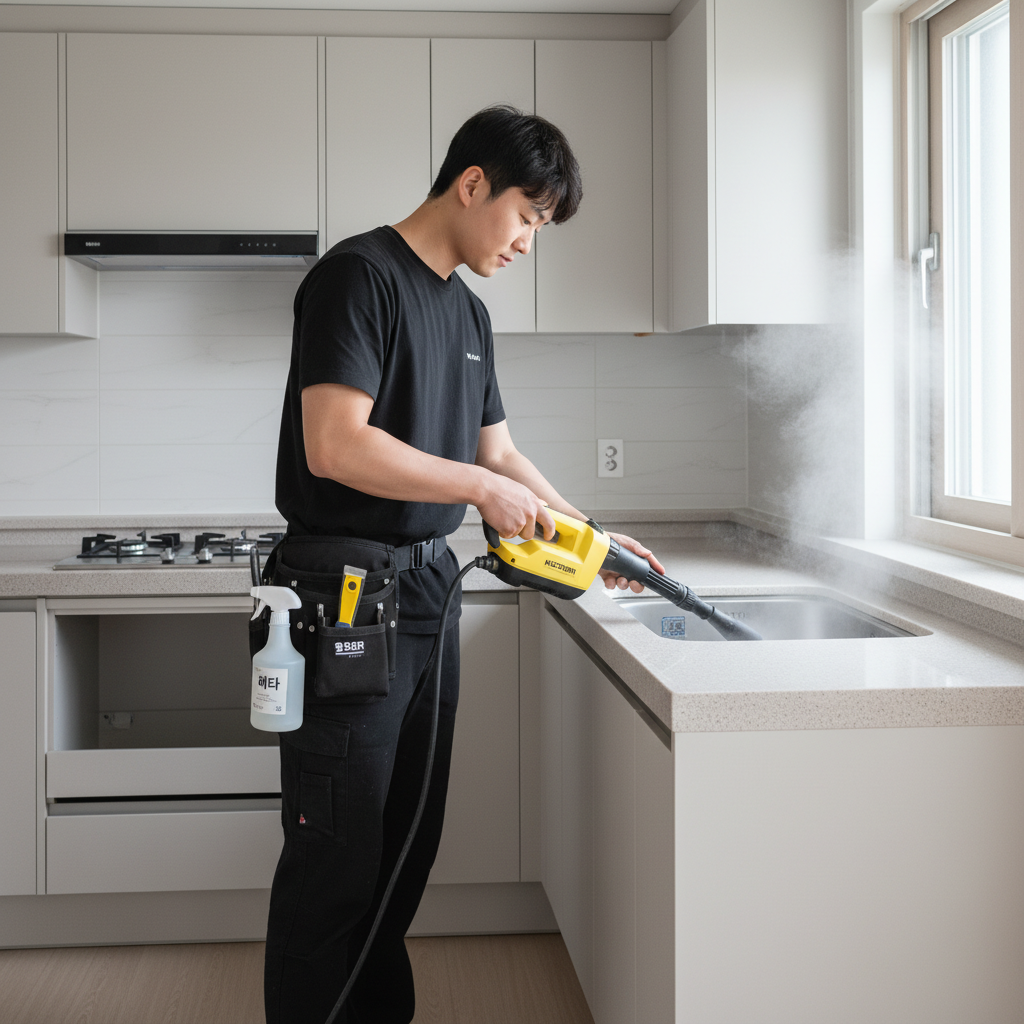 카처 스팀기를 사용하여 주방 후드의 기름때를 제거하는 모습