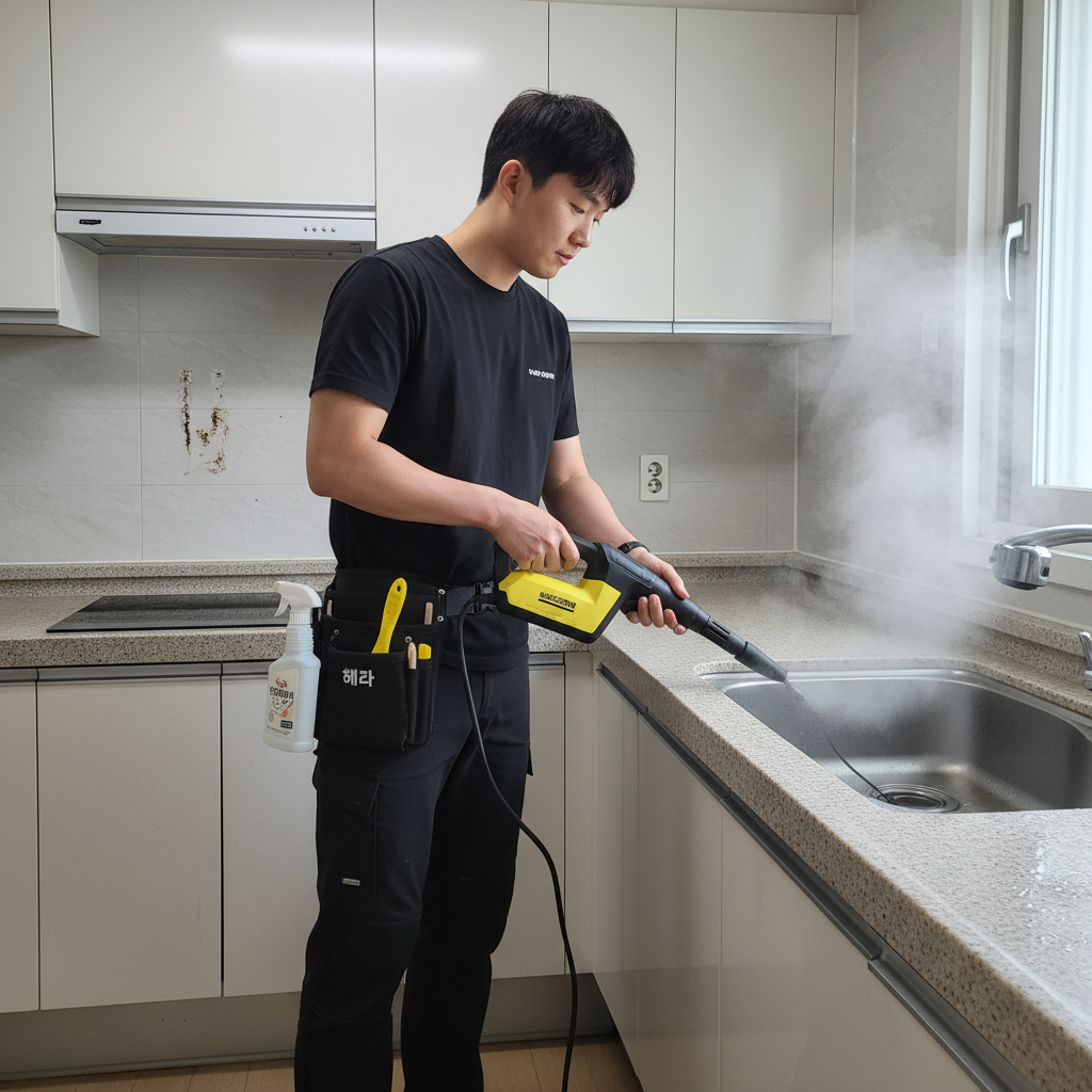 카처 스팀기로 주방 후드의 기름때를 제거하는 모습. 고온 스팀이 찌든 때를 녹여줍니다.