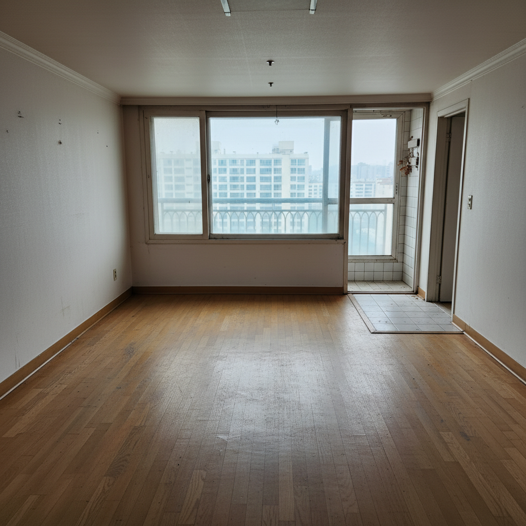 청소 후 깨끗해진 거실 바닥. 먼지 하나 없이 깔끔한 모습입니다.