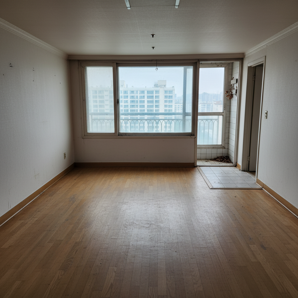 리모델링 후 거실 바닥. 먼지와 시멘트 가루가 눈에 띄게 쌓여 있는 모습입니다.