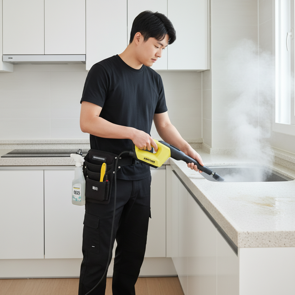카처 스팀기로 주방 후드에 찌든 기름때를 제거하는 모습. 고온 스팀이 기름때를 녹여 깨끗하게 만들어 줍니다.