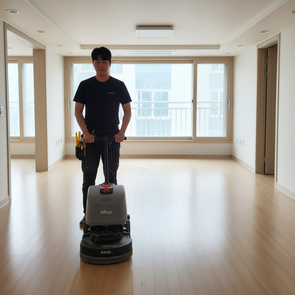 아이맙 청소기로 거실 바닥을 청소하는 모습. 깨끗하고 쾌적한 환경을 만들어 줍니다.