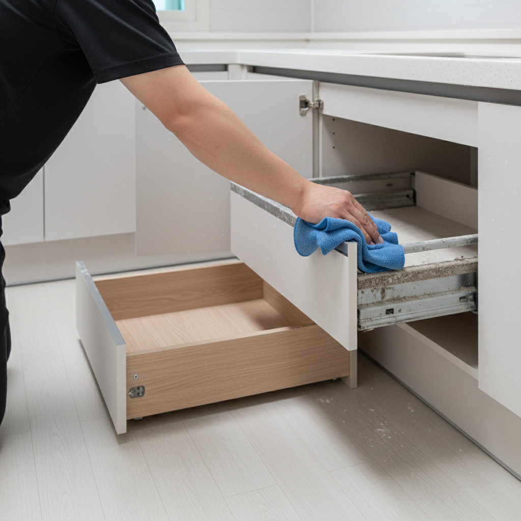 탈거 청소 모습. 싱크대 하부장 서랍을 분리하여 레일 부분의 먼지를 제거하고 있습니다.