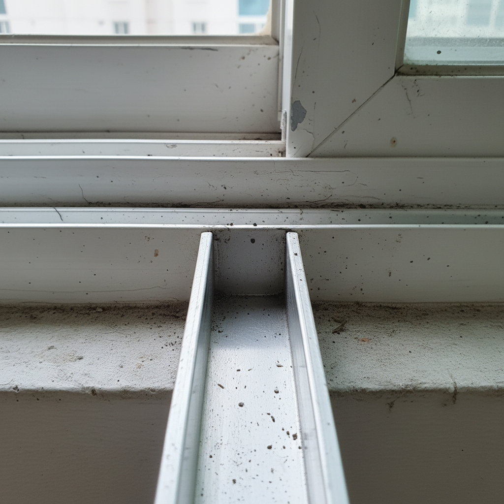 창틀 레일 청소 후 깨끗해진 모습. 묵은 때와 먼지가 완벽하게 제거되어 쾌적한 환경으로 바뀌었습니다.