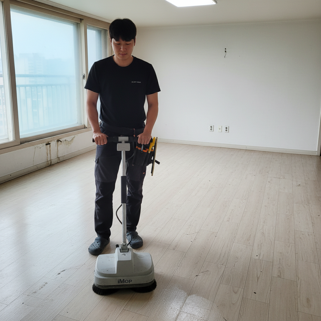 아이맙 청소기를 사용하여 거실 바닥을 청소하는 모습. 찌든 때와 얼룩을 효과적으로 제거하고 있습니다.