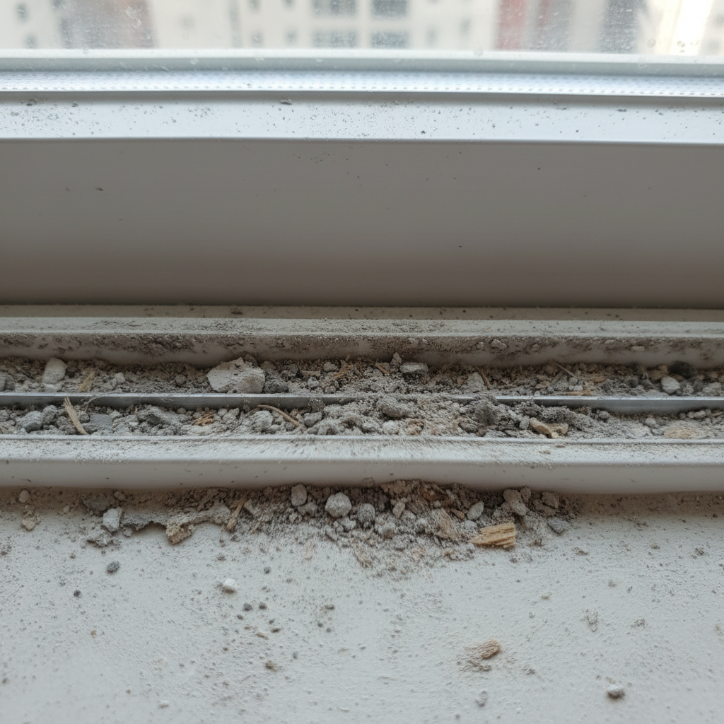 청소 전, 먼지와 이물질로 가득한 창틀 레일의 모습.